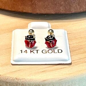 14K Gold Red Ladybug Stud Earrings - Cute Enamel Design
